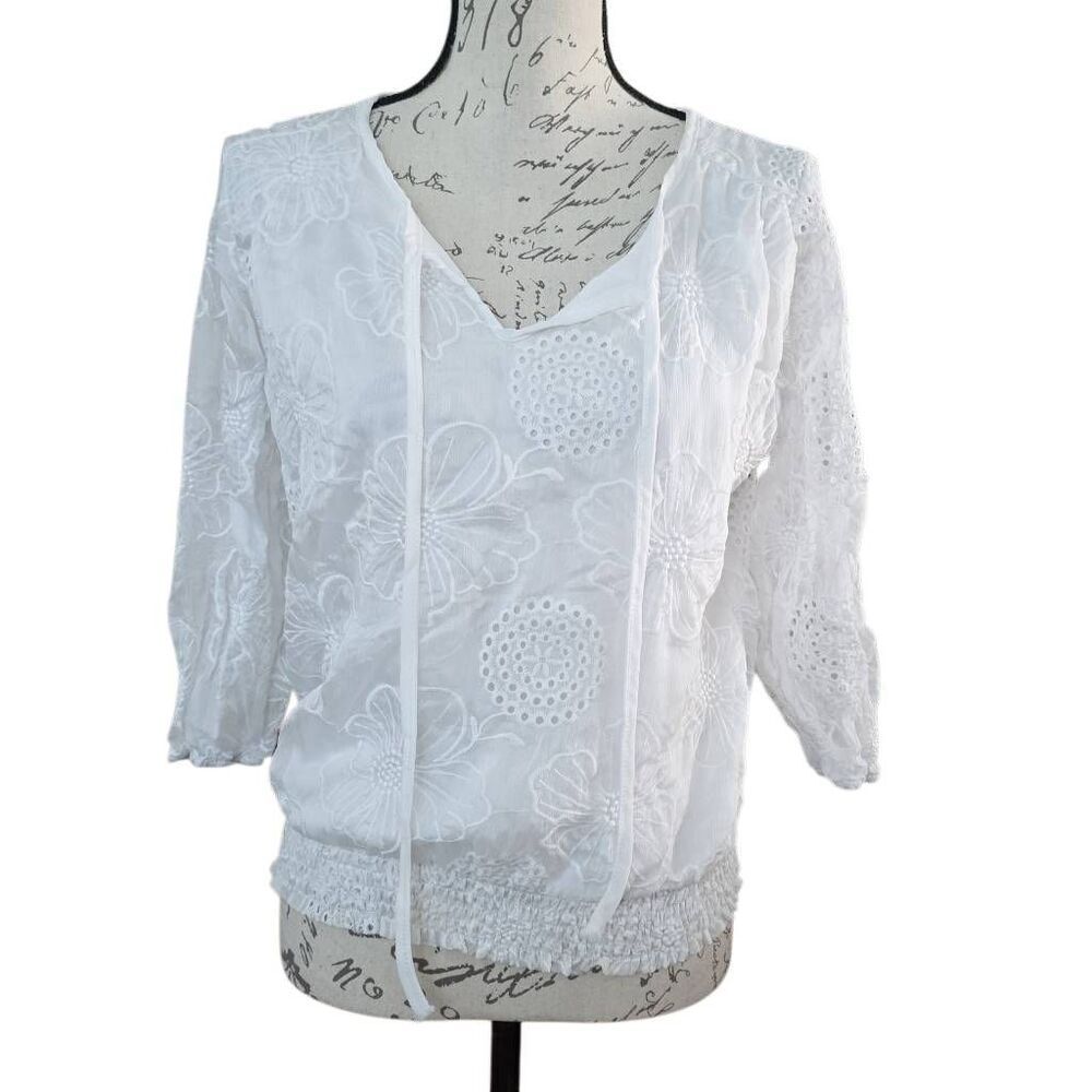 Kindred Women's Size Petite Large White Sheer Floral Embroidered Peasant Blouse